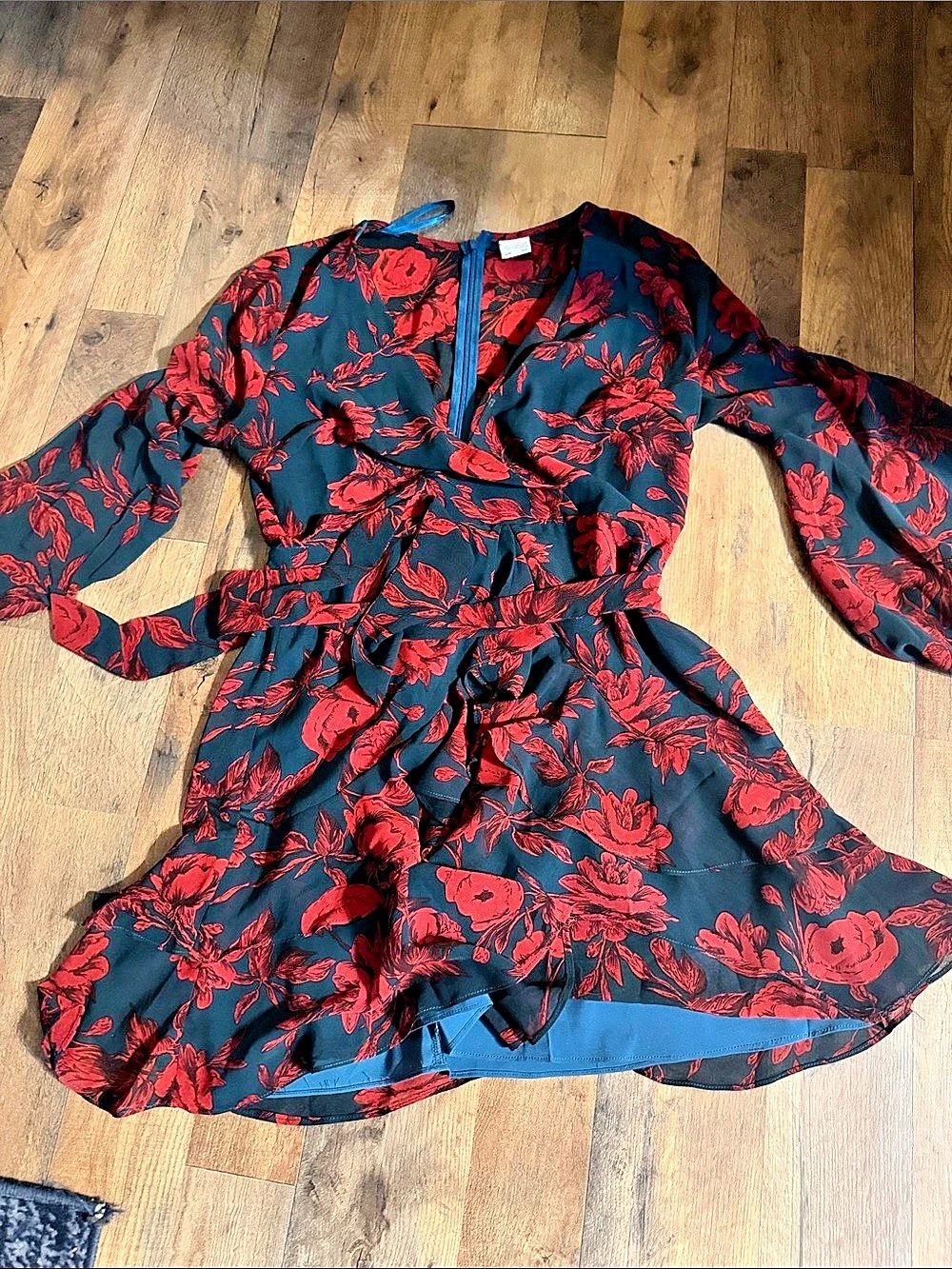 Leslie Fay Floral Wrap Mini Dress teal & Red Size 12 Like New